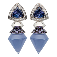Borobudur exchangeable earrings with tanzanite and white diamonds. Drop 34 ct Namibia chalcedony and purple sapphires