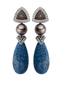 Exchangeable earrings with tanzanite and natural diamonds, South Sea pearls and blue coral
